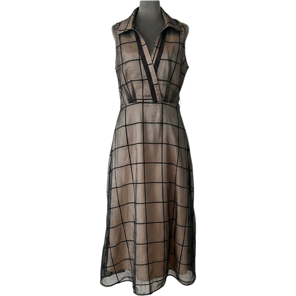Modesees Grey Sheer Organza Velvet Grid Sleeveless Midi Dress Size M NEW